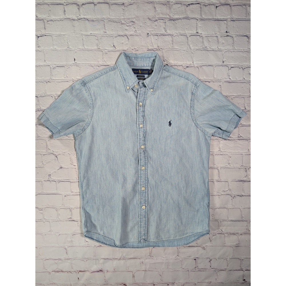 Ralph Lauren Short Sleeve Shirt Women S Petite Chambray Blue Untucked Fit Cotton